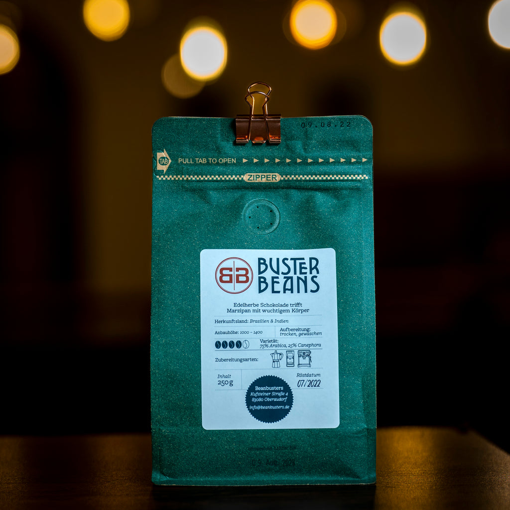 Buster Beans Espresso - ganze Kaffee Bohne schonend geröstet.