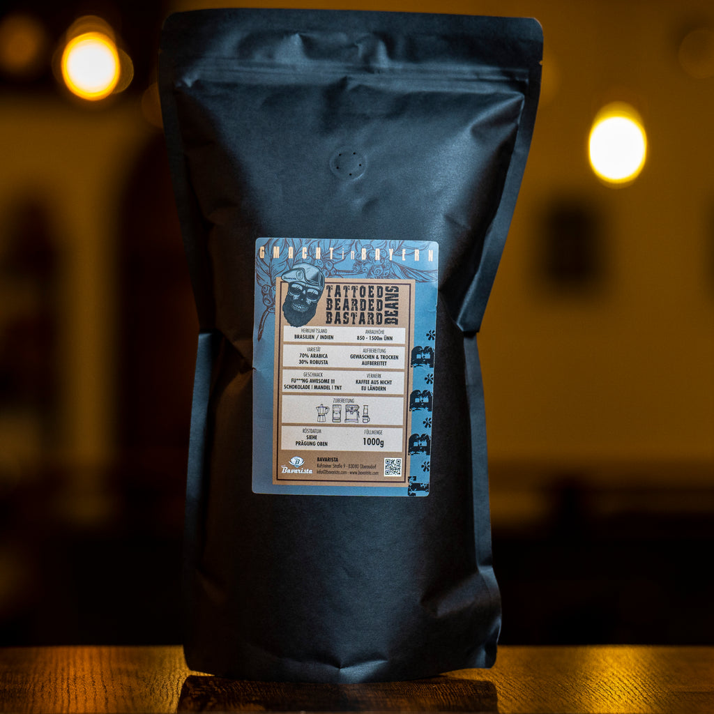Tattoed Bearded Bastard Beans - Espresso Blend - ganze Kaffeebohnen, die Faust aus der Tasse - Hallo Wach!. Schonend und langsam geröstet nach traditioneller Art.
